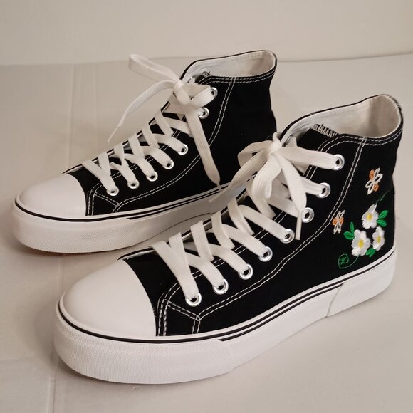 Black Embroidered Floral High Top Sneakers Women’s Size 8 NWOT - Picture 10 of 13
